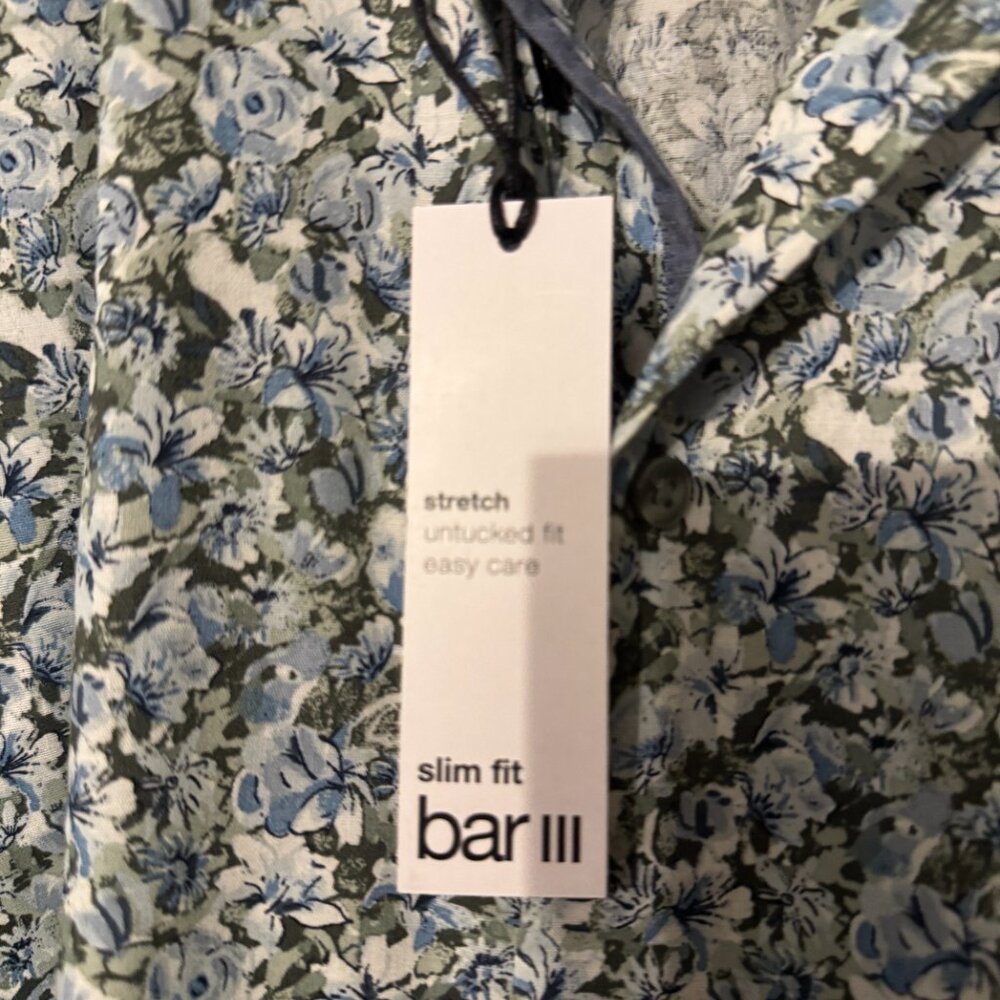 NWT Mens Bar III Long Sleeve Button Down Blue Floral Pattern Slim Fit - Picture 2 of 5